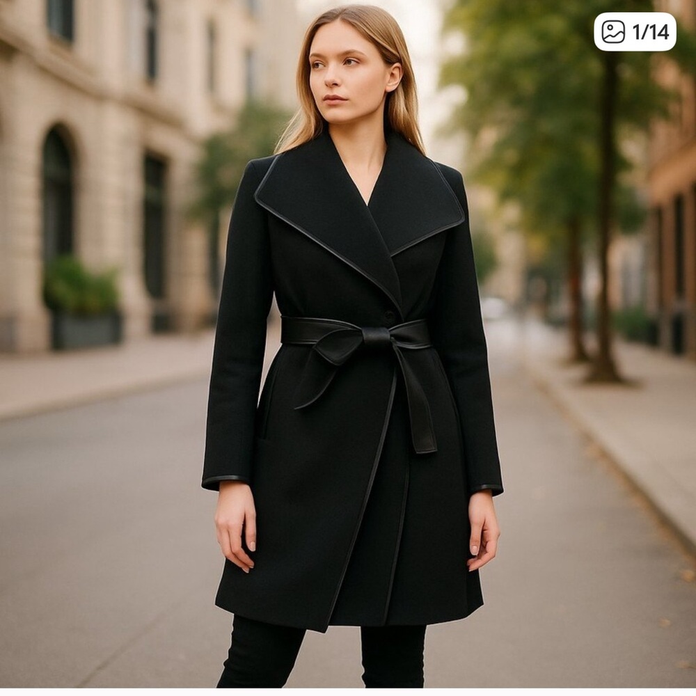DKNY  WOOL WRAP COAT WITH LEATHER DETAILS
